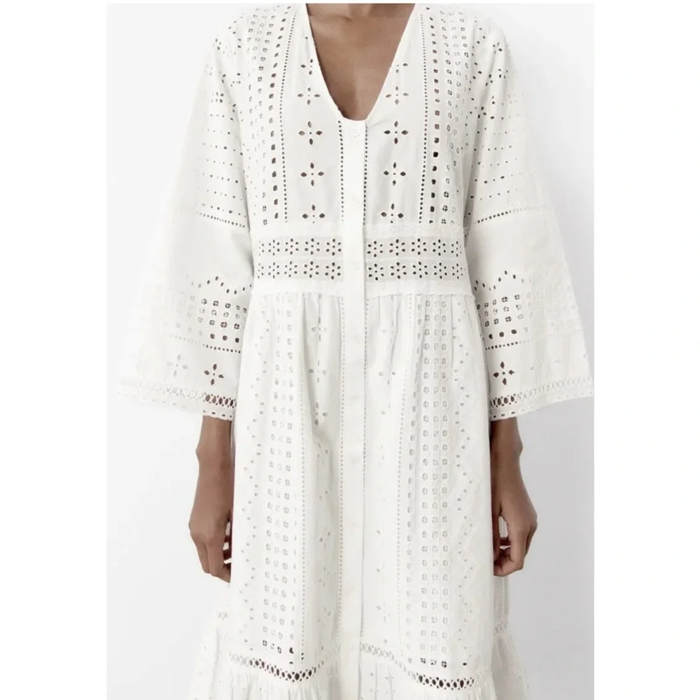NWT$119 Zara The Madison Dress embroidery white cotton maxi dress XS R: 7521/042 - Picture 6 of 13